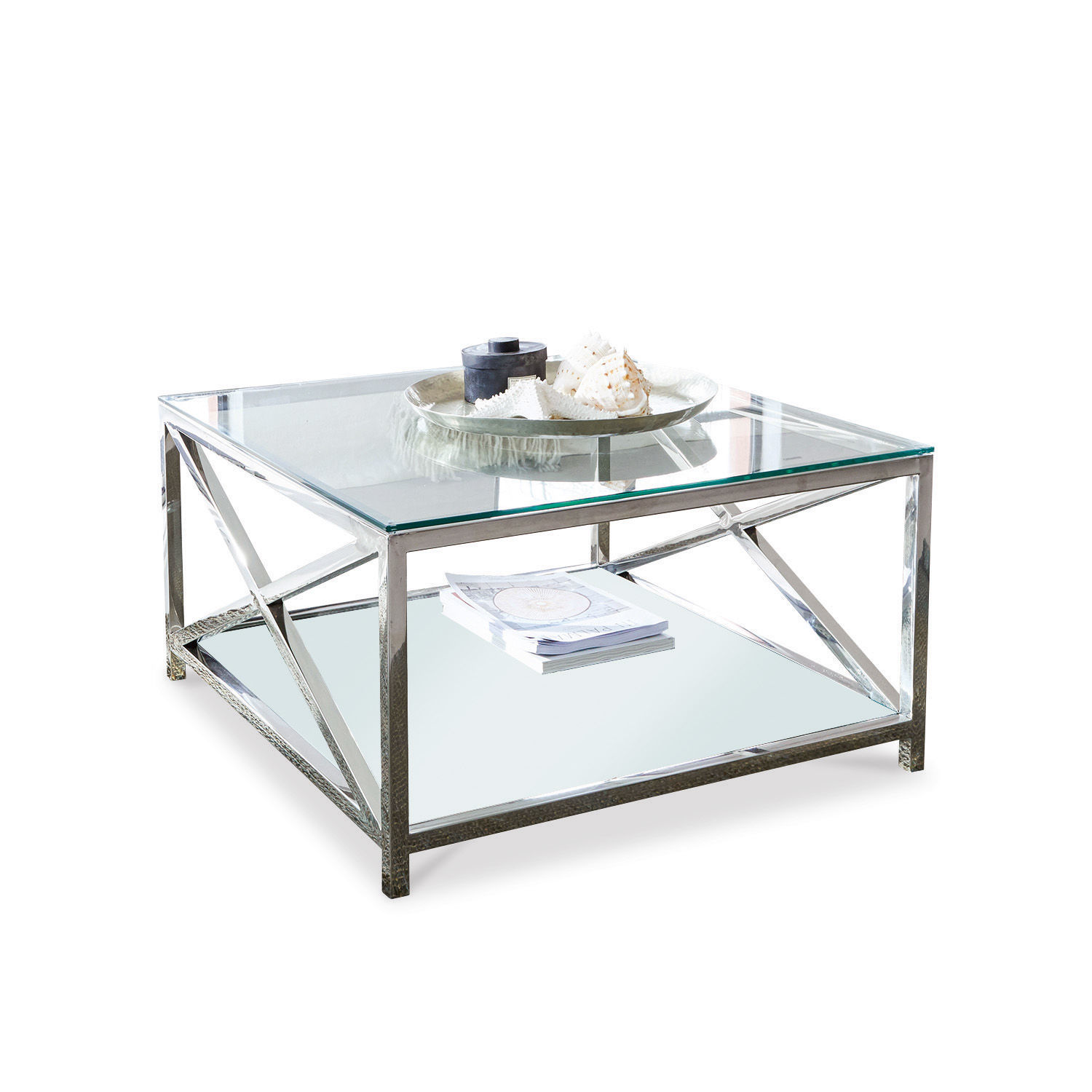Couchtisch Stamford Quadratischer Couchtisch mit Glasplatte und silbernem Metallgestell für das Wohnzimmer