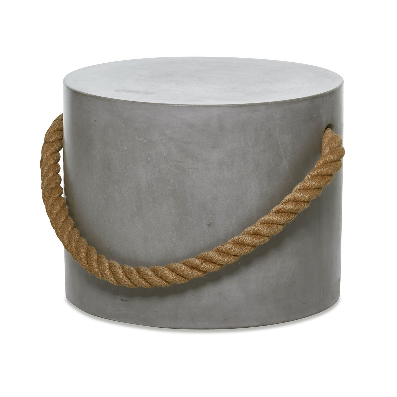 Runder Beistelltisch aus grauem Beton mit dickem Tragegriff, moderner und robuster Wohnzimmertisch