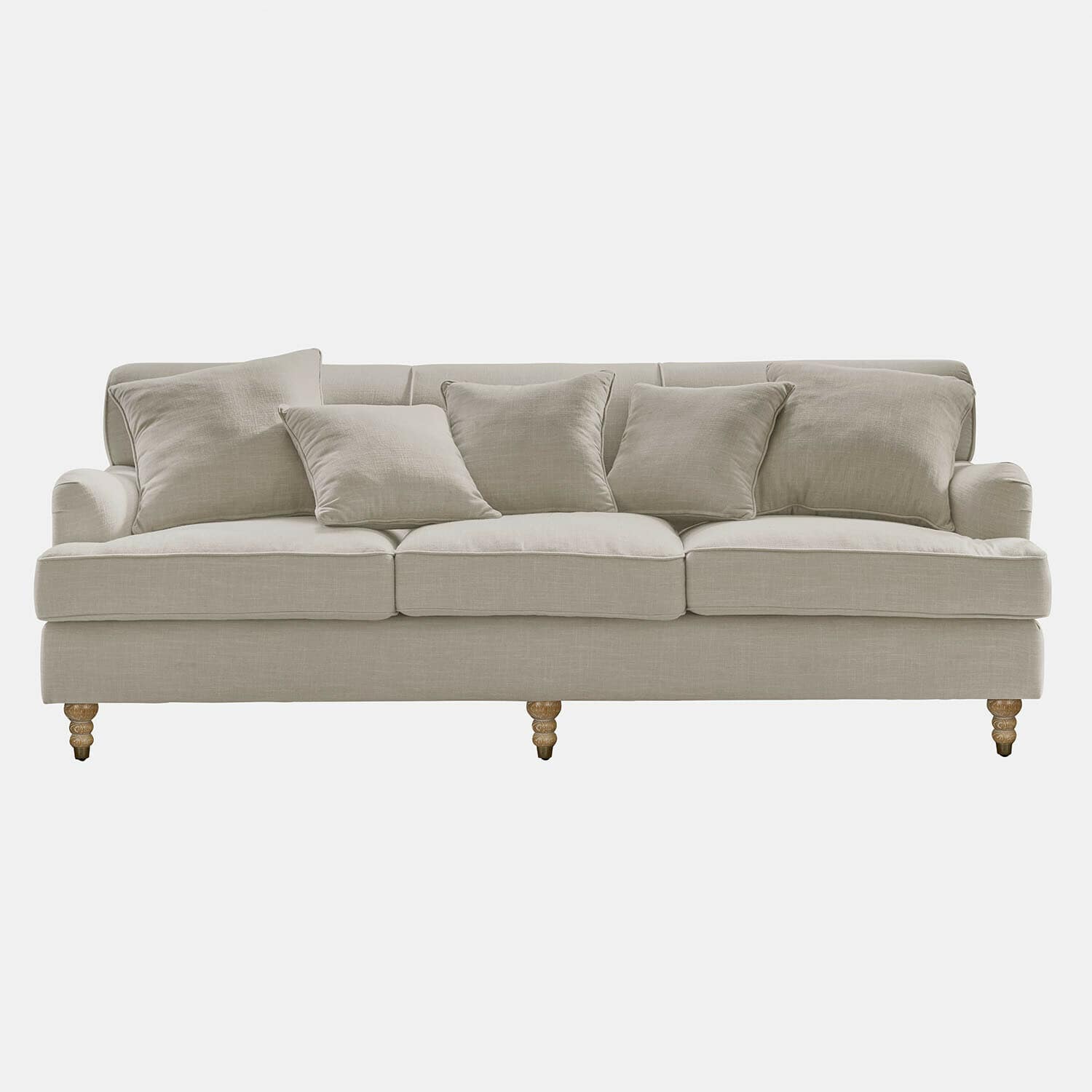 Sofa Isa Beiges Sofa aus Stoff mit Kissen und gedrechselten Holzfüssen, bequemes Wohnzimmermöbel
