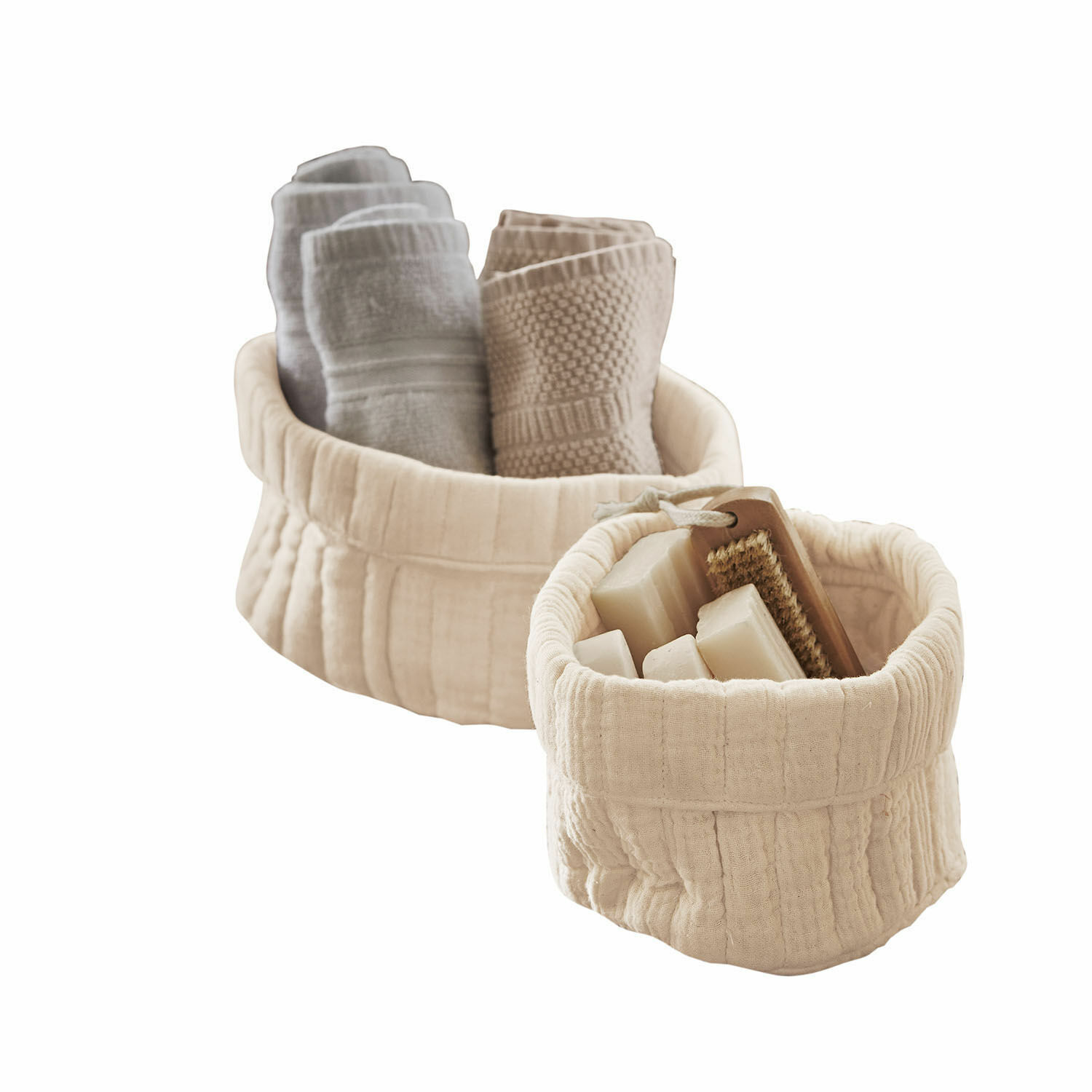 Korb 2er Set Huillé Beige Baumwollkörbe mit Handtüchern und Seife zur Aufbewahrung im Badezimmer