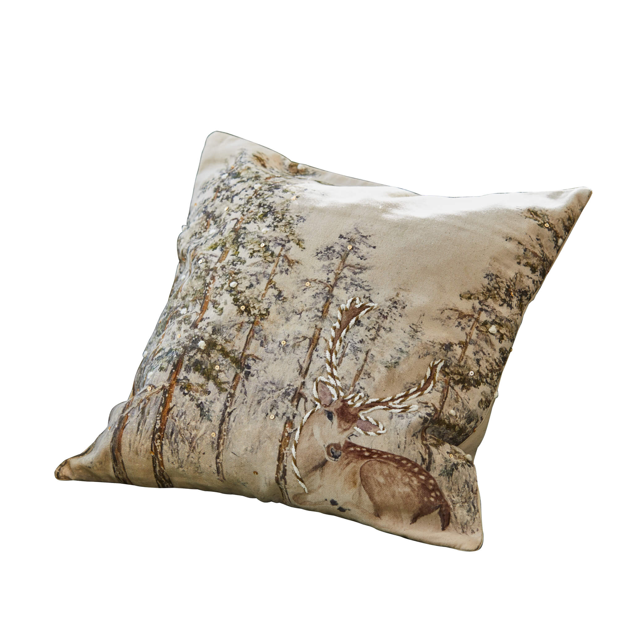 Beiges Baumwollkissen mit Hirsch- und Waldmotiv, rustikaler Dekostil für das Wohnzimmer