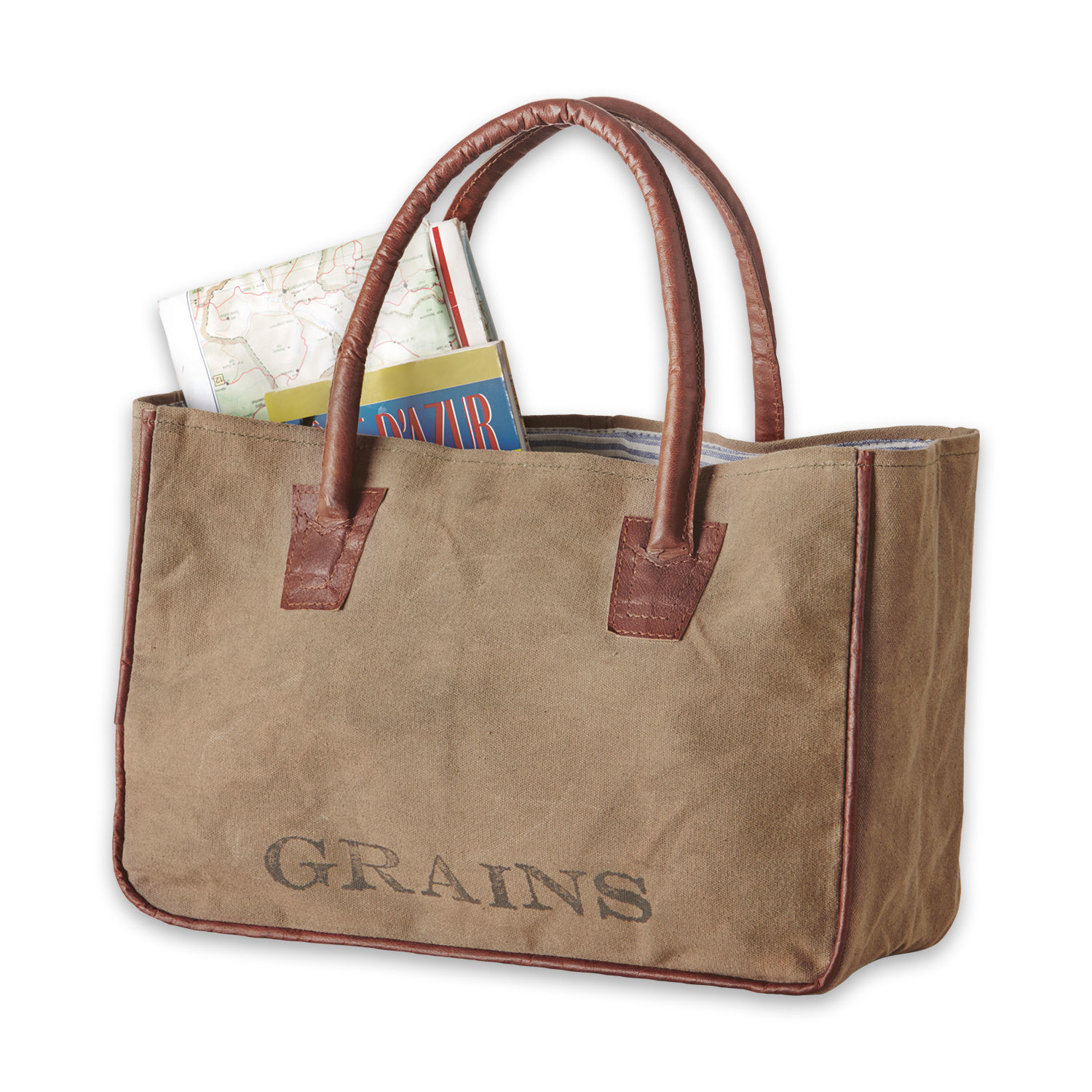 Tasche Grains Beige Stofftasche mit braunen Ledergriffen und Aufdruck GRAINS, praktisch für Einkäufe.