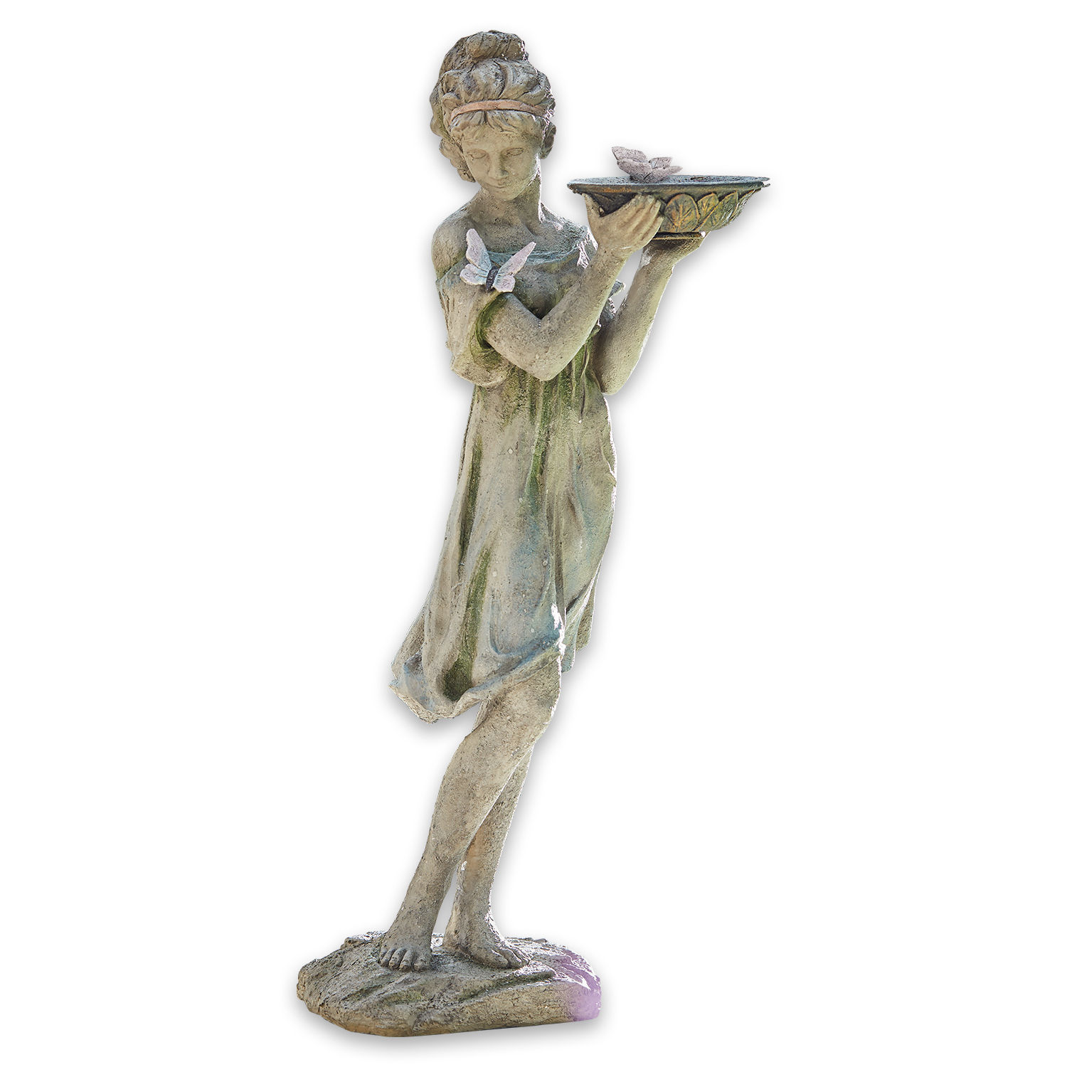 Skulptur Malia Steinfigur eines Mädchens im grünen Kleid mit Schale und Schmetterlingen für den Garten