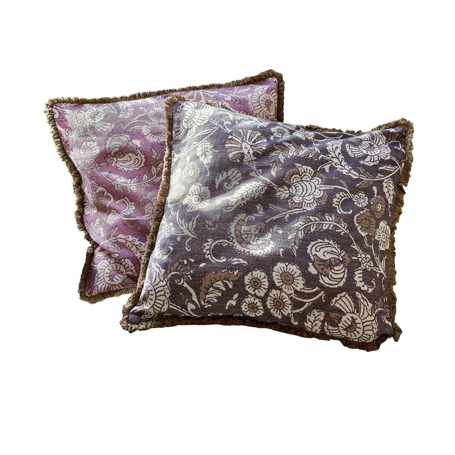 Kissenhülle 2er Set Lalluga Set aus zwei dekorativen Kissen mit floralem Muster und braunem Rand in Violett und Grau