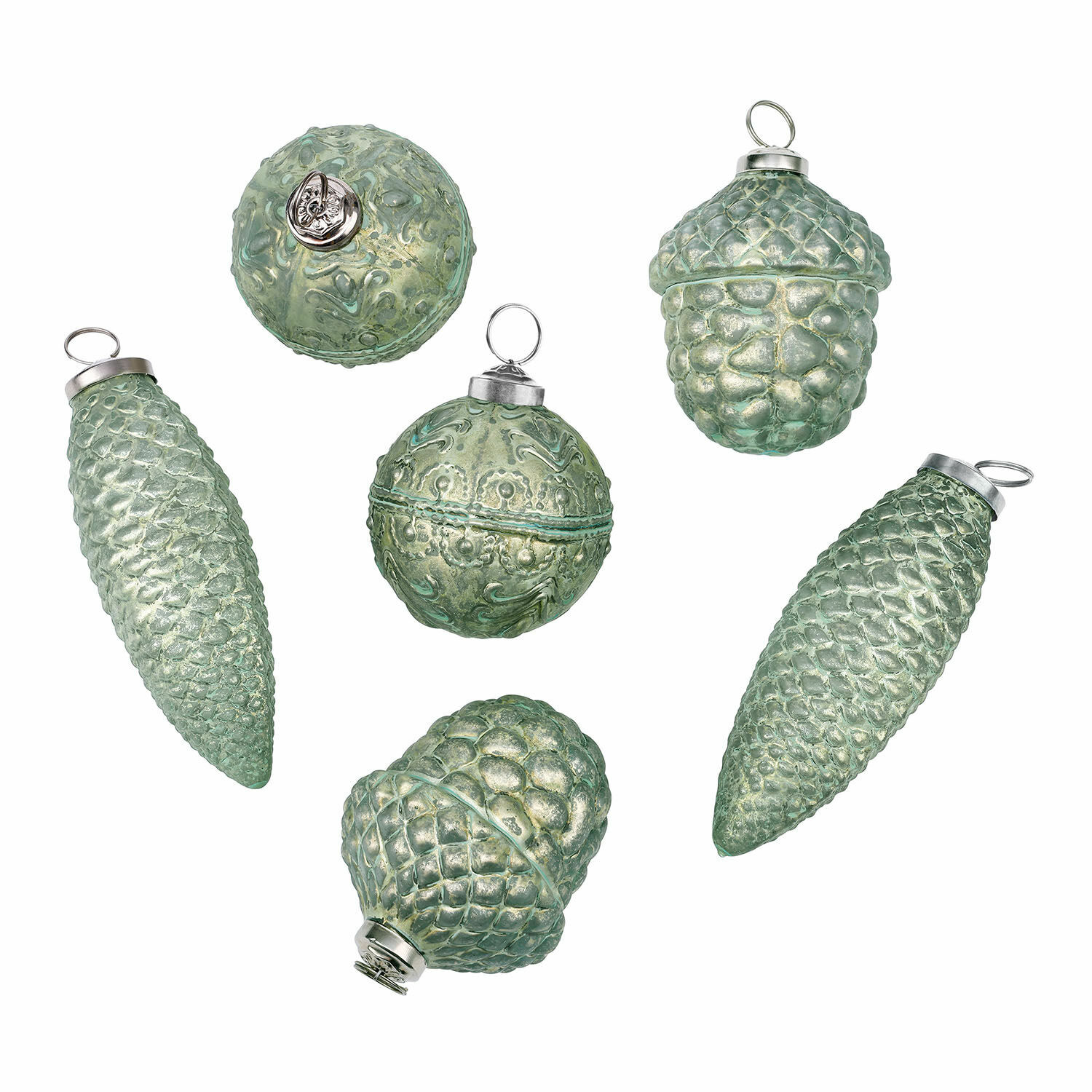 grün/silber 6-teiliges Set grüner und silberner Weihnachtsschmuck aus Glas mit Zapfenmotiven