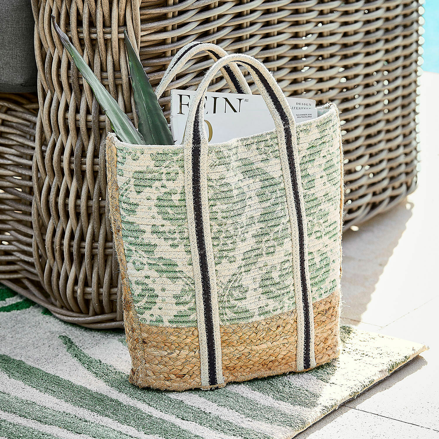 Tasche Drancel Tasche aus Jute und Baumwolle in Grün-Beige mit gestreiften Tragehenkeln, ideal für Einkäufe
