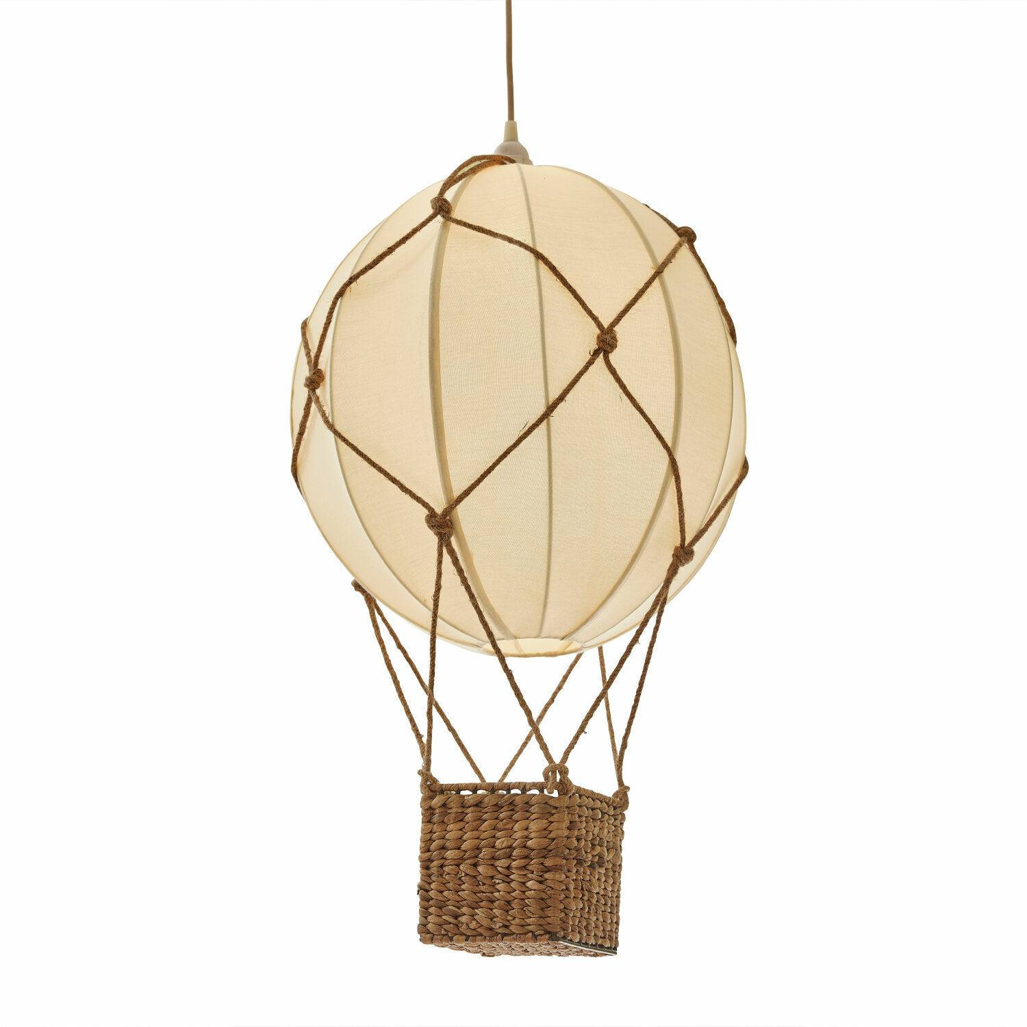Hängelampe Plumillon Hängelampe in Heissluftballon-Form aus hellem Stoff und Naturseil für Wohnraumdekoration