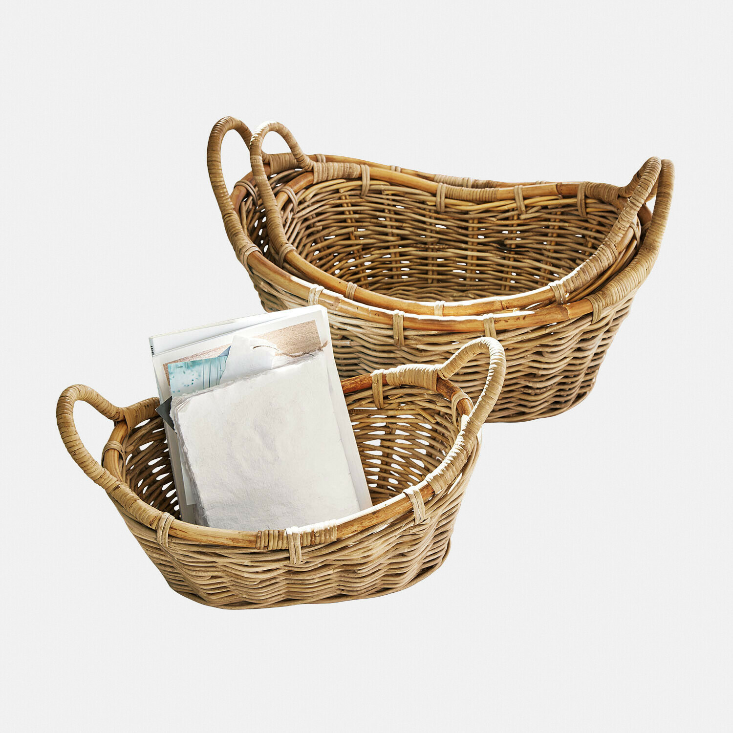 Korb 3er Set Gavelle Set mit zwei naturfarbenen Weidenkörben mit Griffen, ideal zum Aufbewahren und Dekorieren