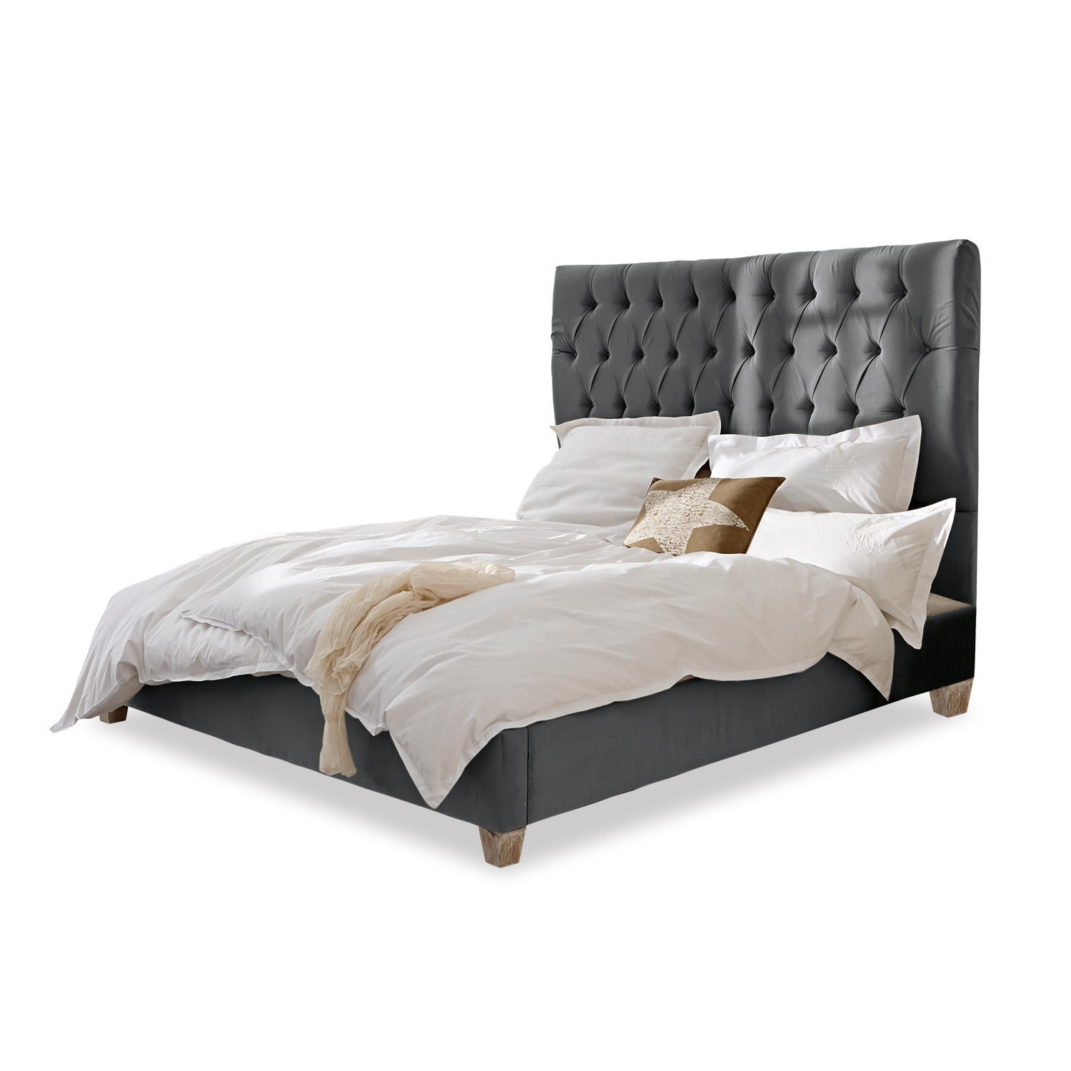 grau Bett Benton mit grauem, gestepptem Kopfteil und Holzfüssen, bezogen mit Stoff