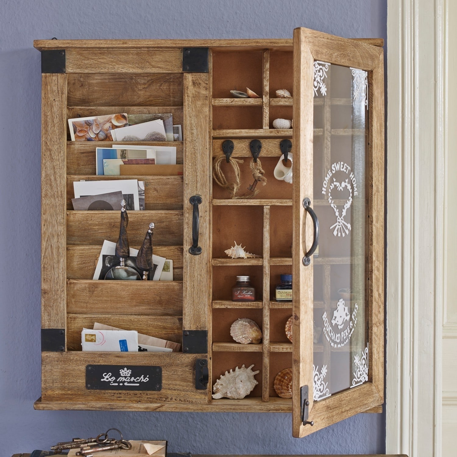 Organizer Shelby Wandbriefkasten aus Holz mit Glastür, Vintage-Dekor, Fächer für Schlüssel und Post.