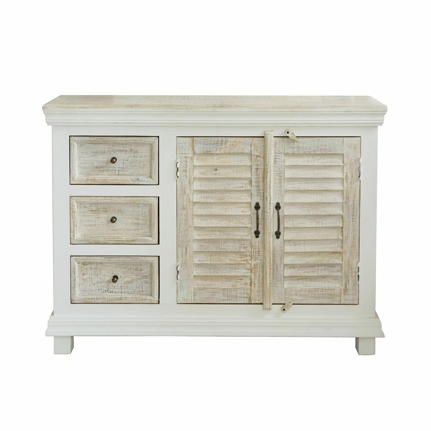 Kommode Nevellique Kommode aus Holz in Weiss mit Shabby-Chic-Finish, drei Schubladen und zweitürigem Schrank