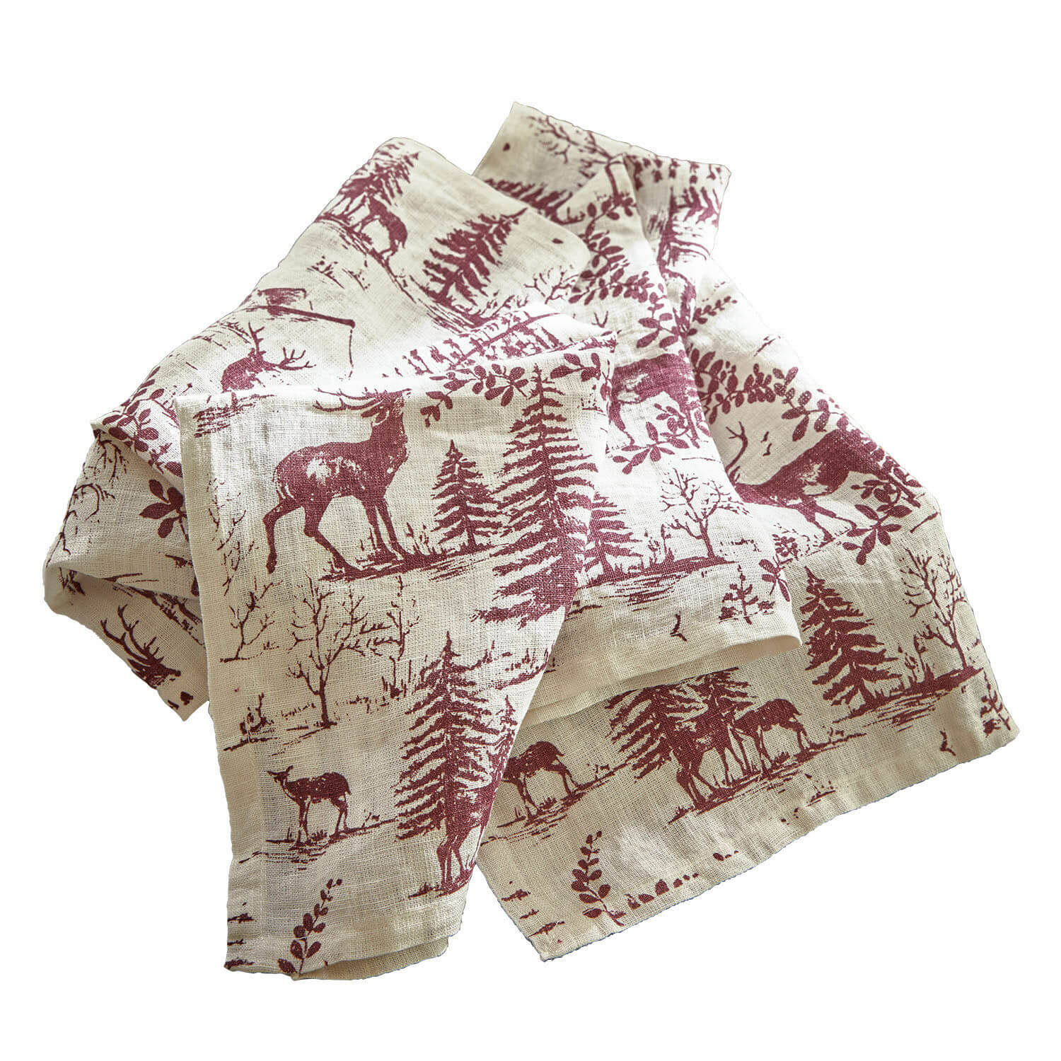 Serviette 4er Set Sundraen Leinentischdecke in Natur mit bordeauxrotem Hirsch- und Tannenmuster, Tischdekoration