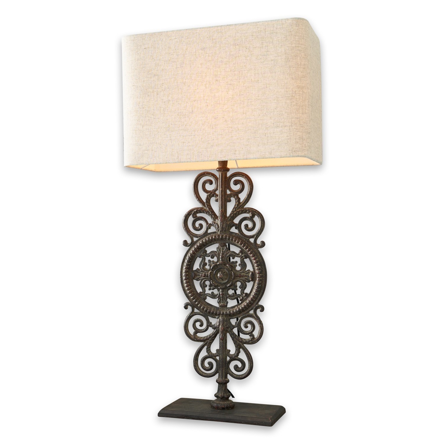 Tischlampe Drubec Tischlampe mit dekorativem Metallfuss und beigem Stoffschirm für das Wohnzimmer