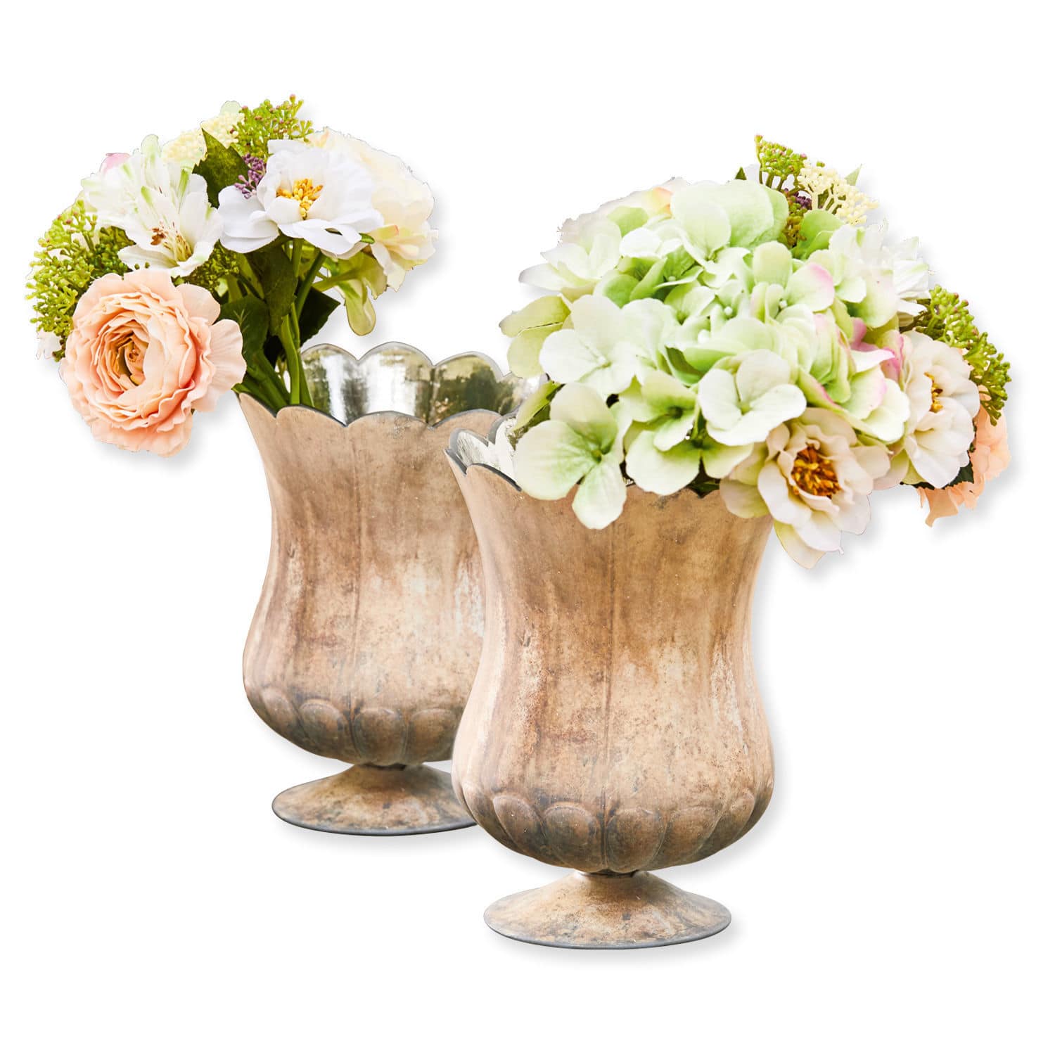 Vase 2er Set Wilgard Zwei dekorative Metallvasen in Antikgold mit künstlichen Blumenarrangements für die Wohnraumdekoration