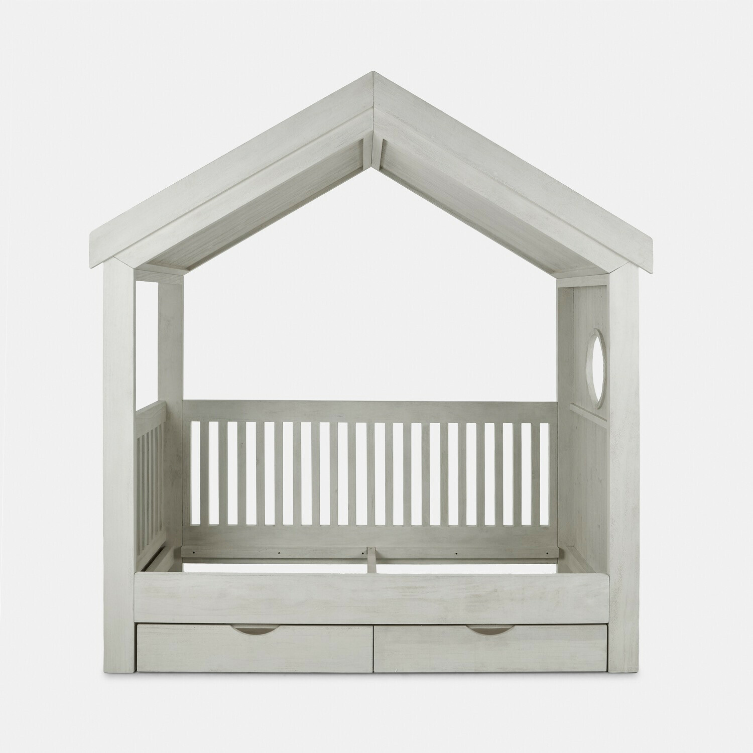 Einzelbett Birchwell Weisses Kinderbett aus Holz in Hausform mit Schubladen und rundem Fenster für Stauraum