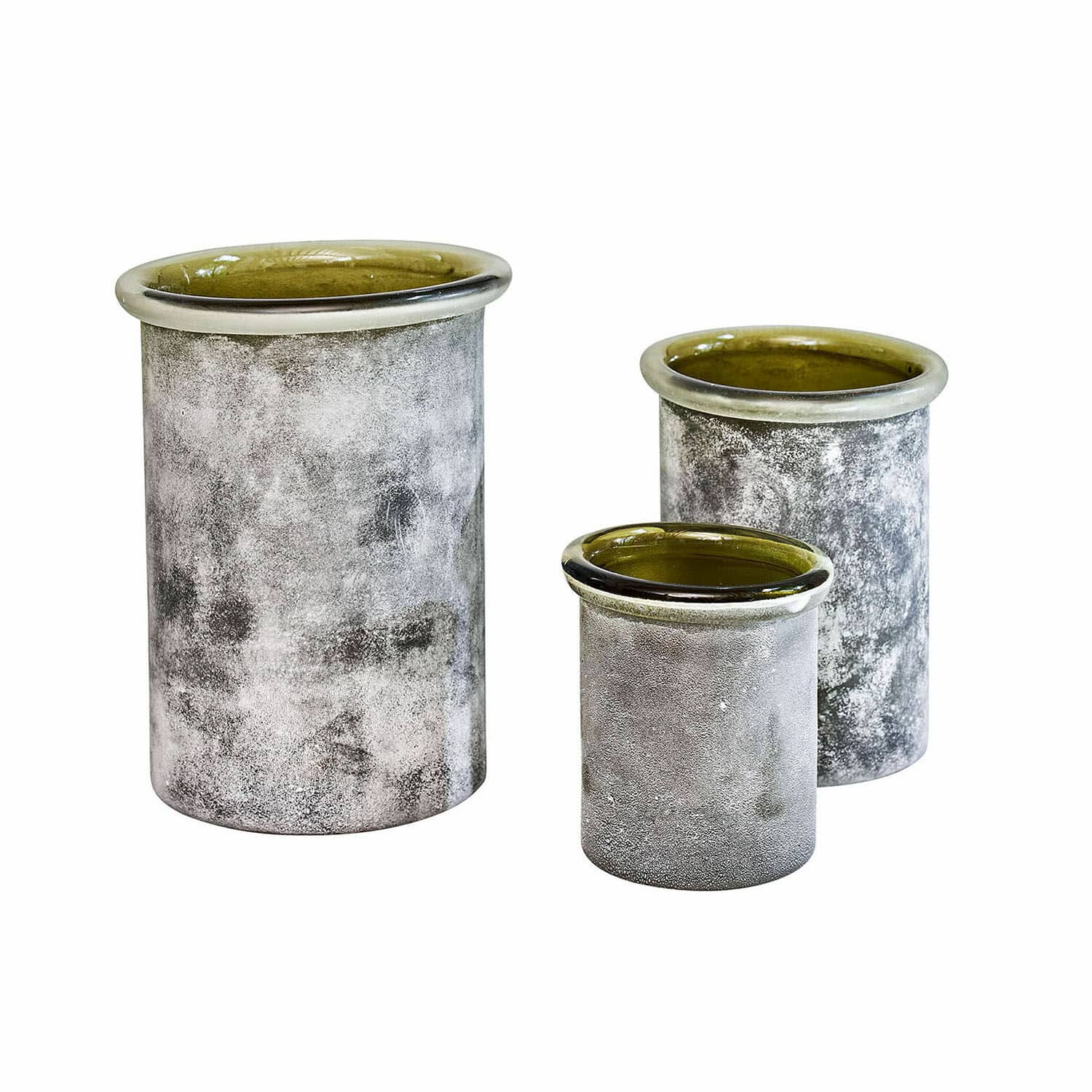 Windlicht 3er Set Iskira Dreiteiliges Set grauer Keramikvasen mit matter Oberfläche und glänzendem olivgrünem Rand
