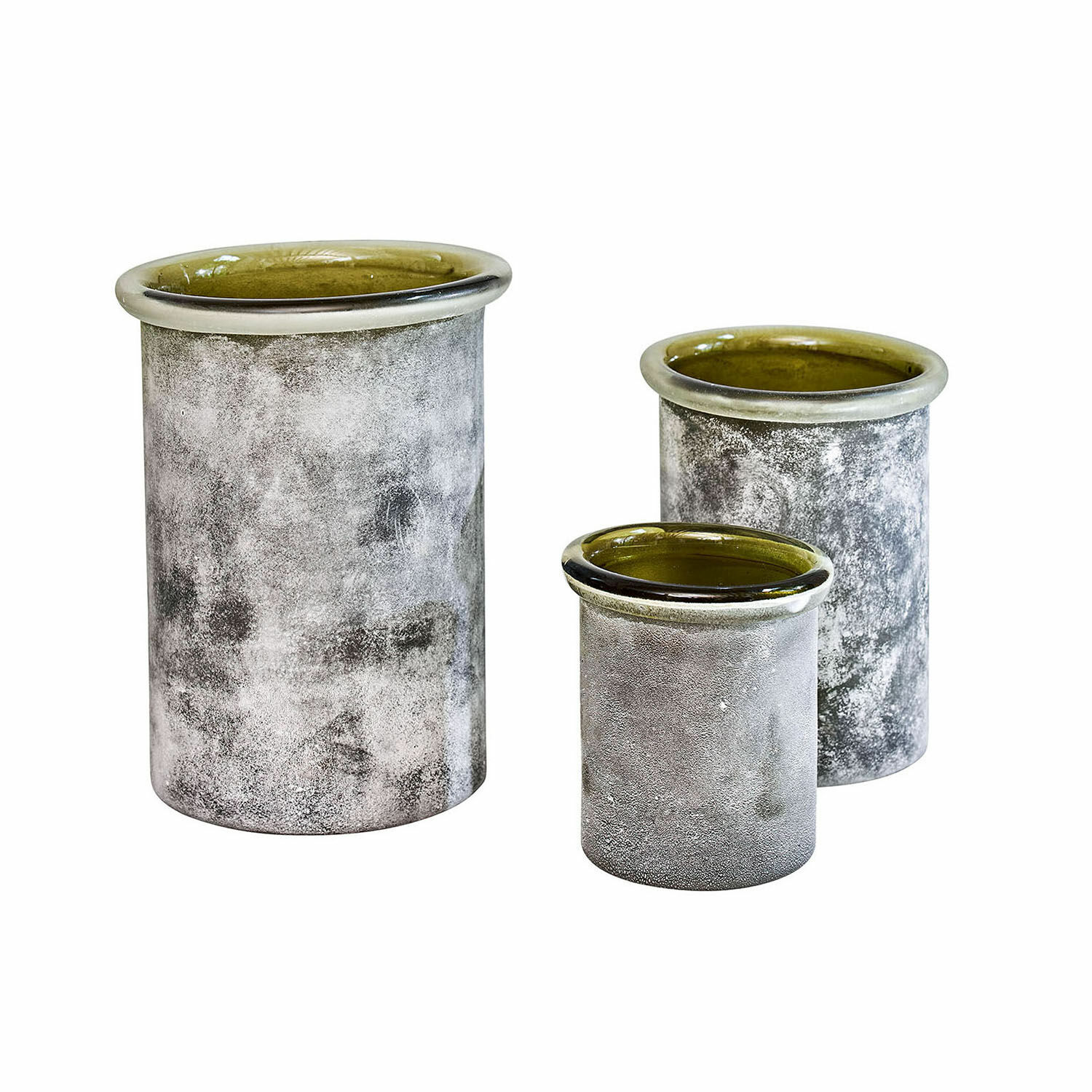 Windlicht 3er Set Iskira Dreiteiliges Set grauer Keramikvasen mit matter Oberfläche und glänzendem olivgrünem Rand
