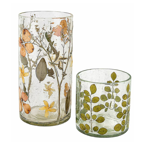 Glasvasen mit getrockneten Blumen- und Blattmotiven, transparent mit grünem und orangefarbenem Dekor