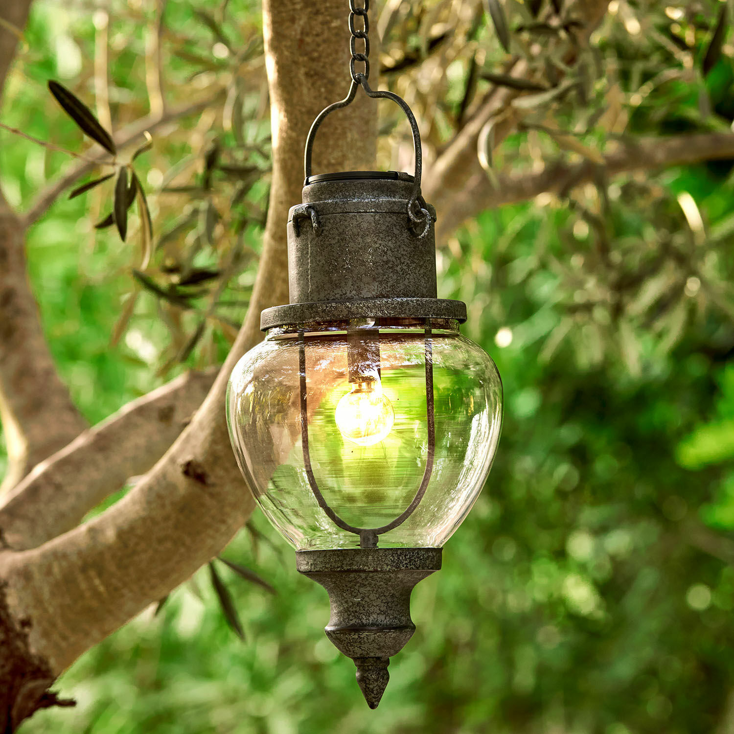 Solar-Hängelaterne Relixan Hängende Aussenlampe aus grauem Metall mit klarem Glas, dekorative Gartenbeleuchtung
