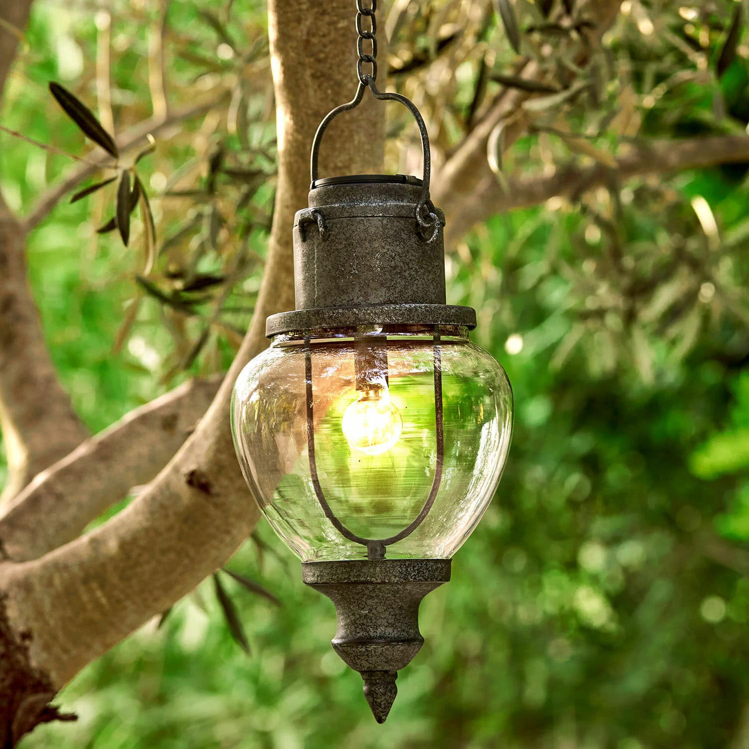 Solar-Hängelaterne Relixan Hängende Aussenlampe aus grauem Metall mit klarem Glas, dekorative Gartenbeleuchtung