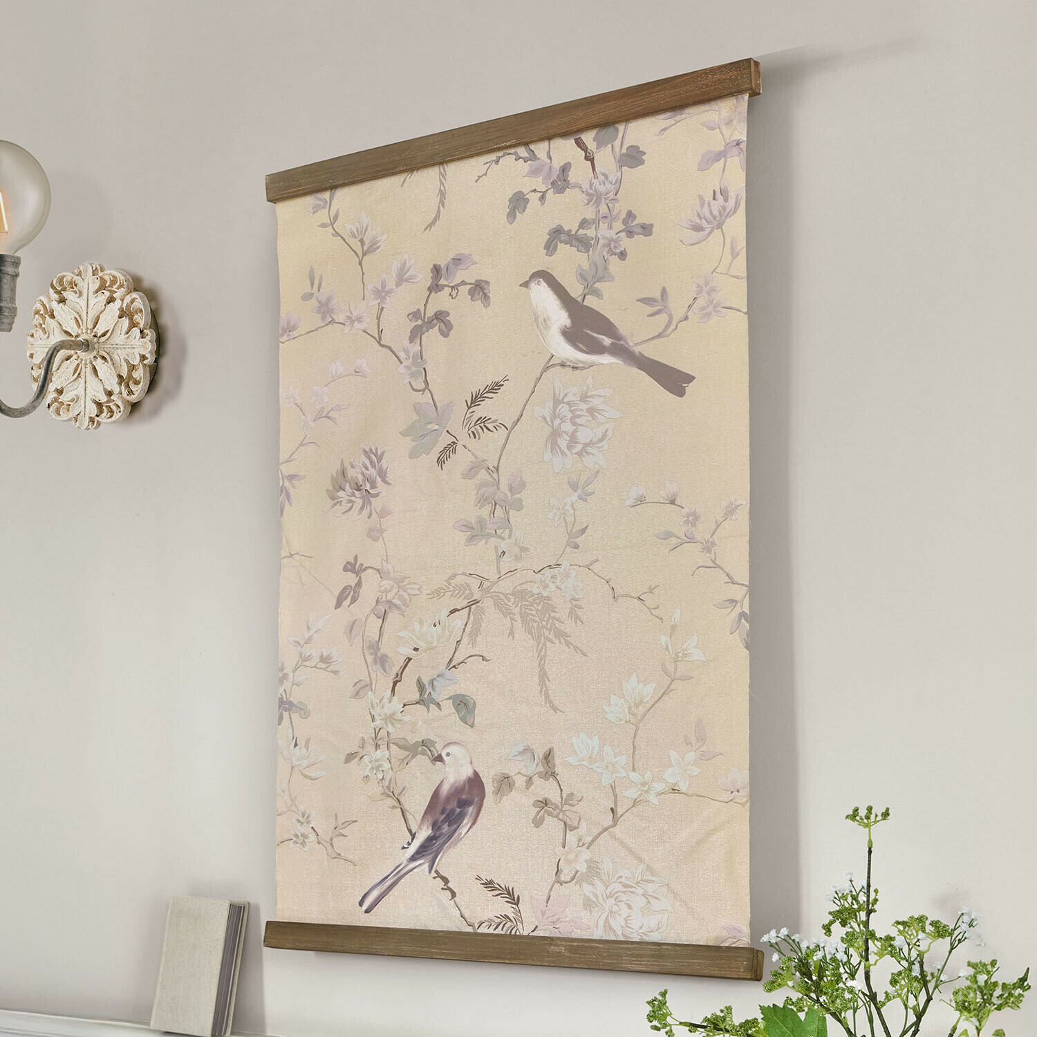 Bild Florémont Dekoratives Leinwandbild mit Vögeln und pastellfarbenen Blumen, Holzrahmen