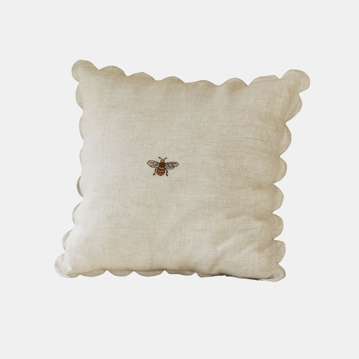 Kissenhülle Fluttery Beiges Leinenkissen mit welligem Rand und bestickter Biene, dekoratives Wohnaccessoire