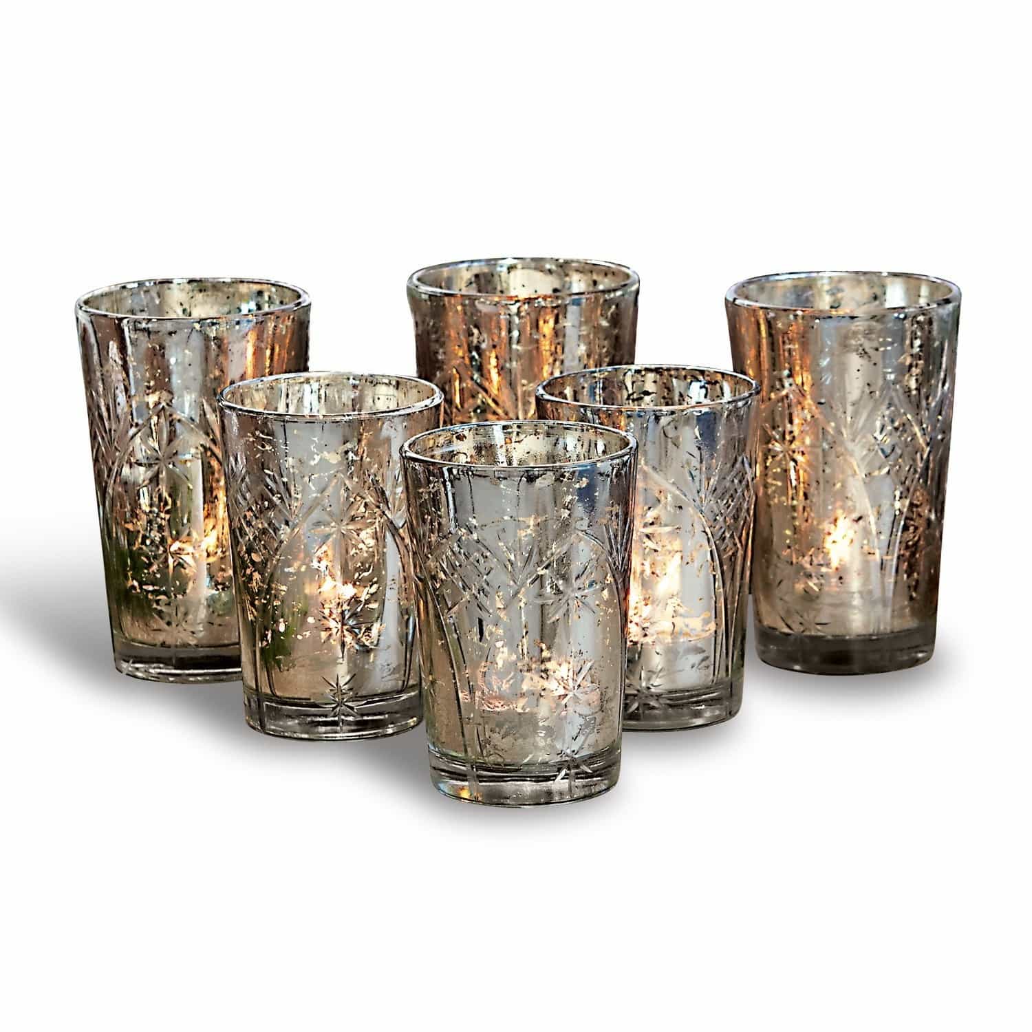 Windlichter 6er Set Latona Set aus sechs Glas-Teelichthaltern mit Messingeffekt und Sternmuster, Wohnaccessoire