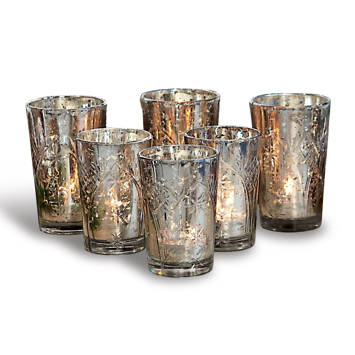 Windlichter 6er Set Latona Set aus sechs Glas-Teelichthaltern mit Messingeffekt und Sternmuster, Wohnaccessoire
