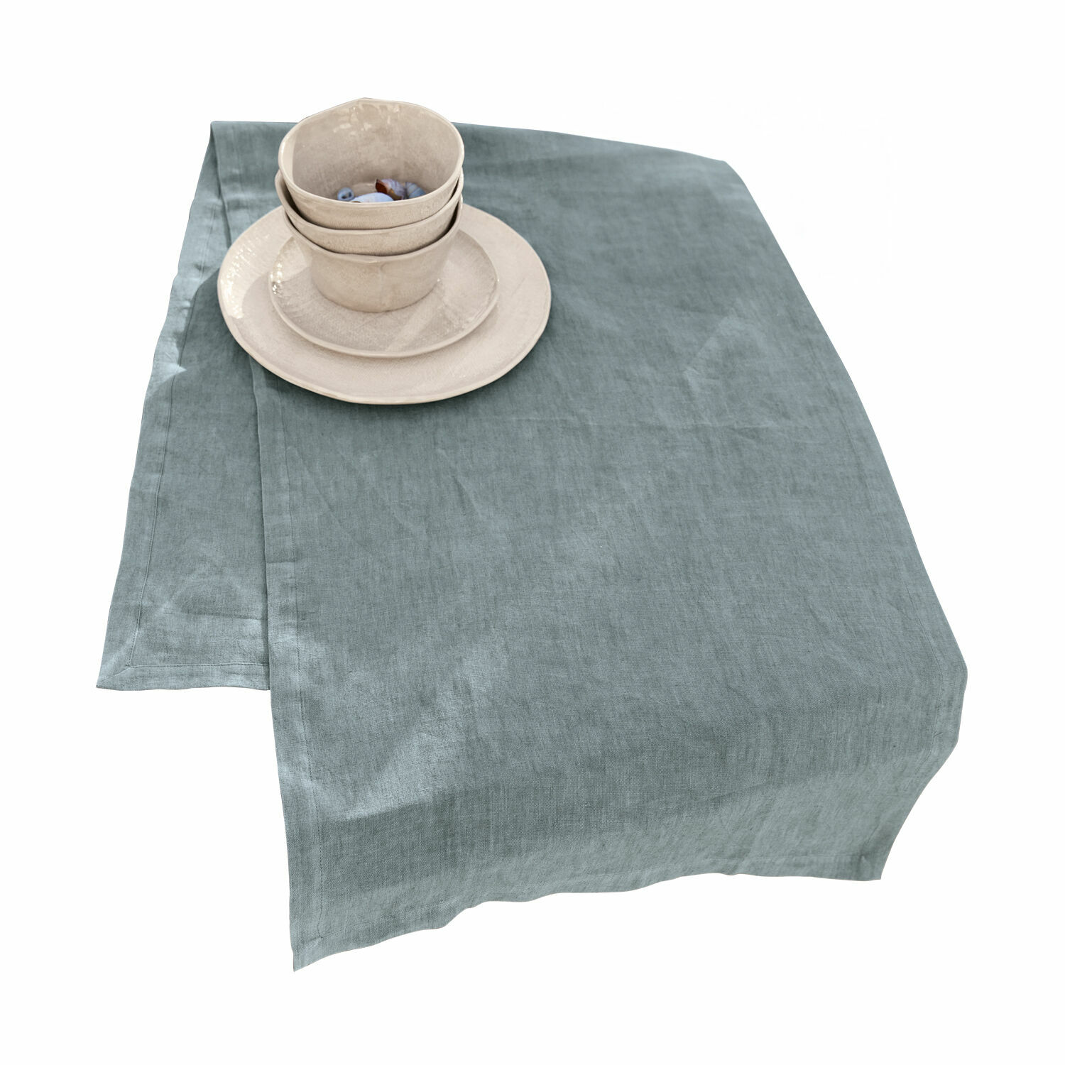blau Blauer Tischläufer aus Leinen mit beiger Keramik, elegante Tischdekoration, Esszimmertextil