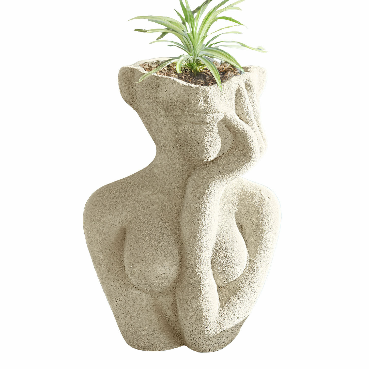 Vase Jasim Blumentopf aus beigem Beton in Form einer weiblichen Silhouette mit grüner Pflanze