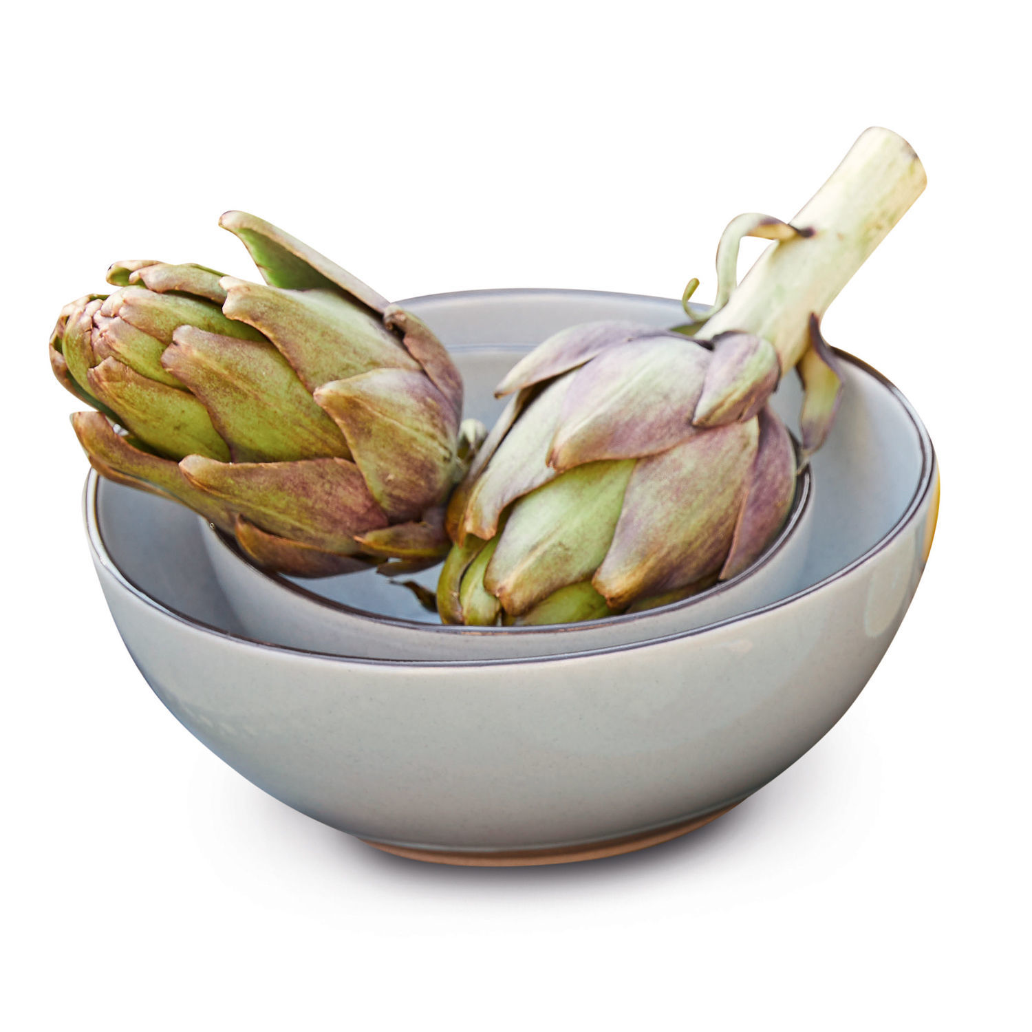 Zweiteiliges Set grauer Keramikschüsseln Biarritz mit Artischockenmotiv, ideal für Küche und Dekoration