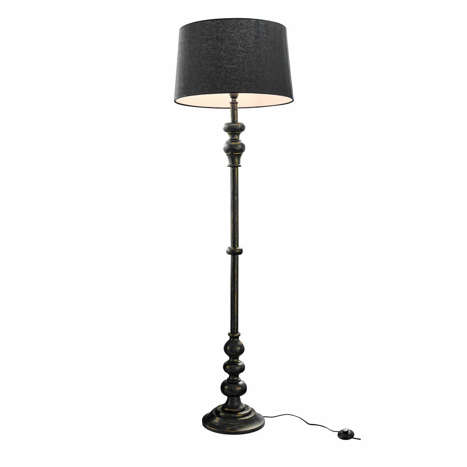 Stehlampe Reville Schwarze Stehlampe aus Metall mit Stoffschirm, Vintage-Stil für gemütliches Wohnzimmer.