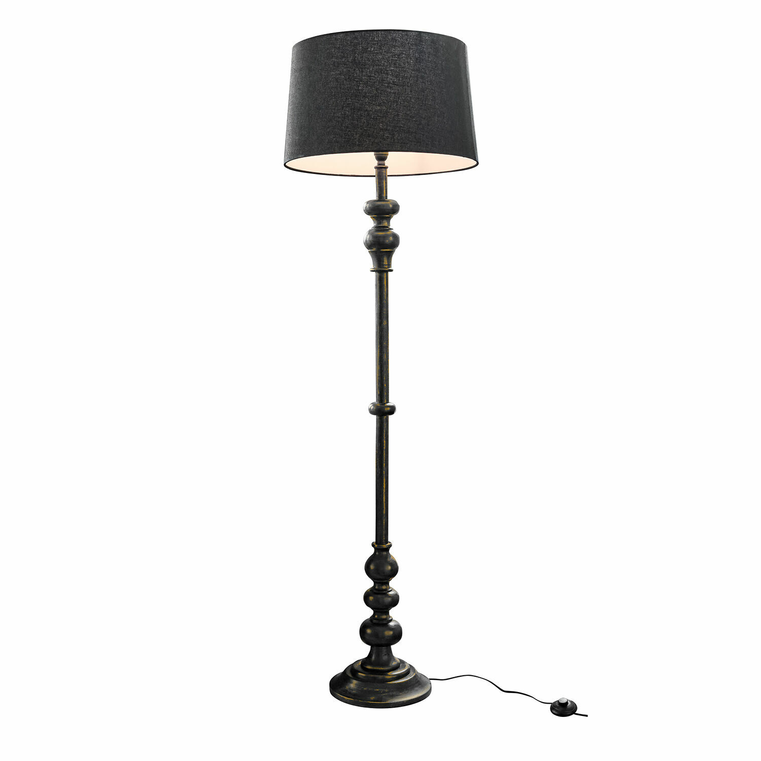 Stehlampe Reville Schwarze Stehlampe aus Metall mit Stoffschirm, Vintage-Stil für gemütliches Wohnzimmer.