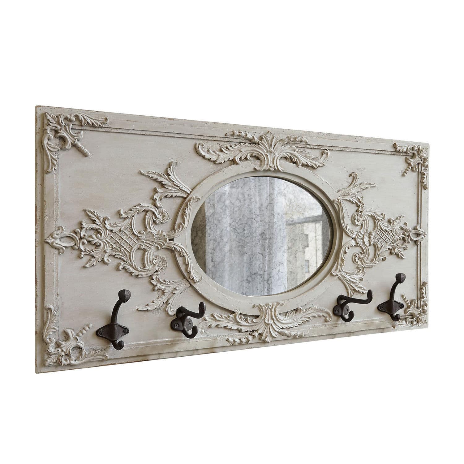 Garderobe Béatrice Verzierte Wandhaken aus Holz in Beige mit ovalem Spiegel und Metallhaken