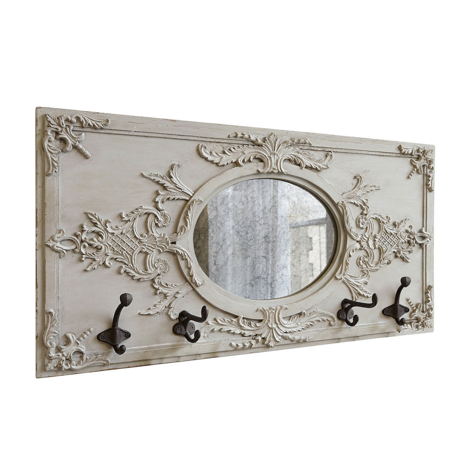 Garderobe Béatrice Verzierte Wandhaken aus Holz in Beige mit ovalem Spiegel und Metallhaken