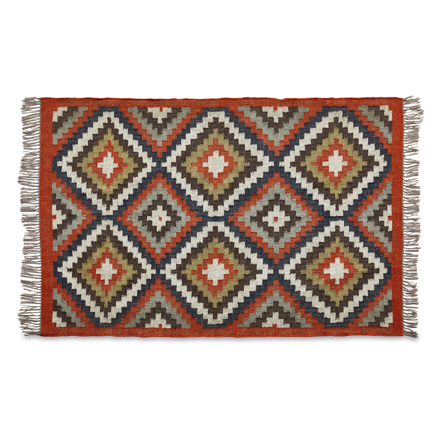 Gewebter Teppich mit geometrischem Muster in Rot, Grün und Beige, Wohntextil zur Dekoration
