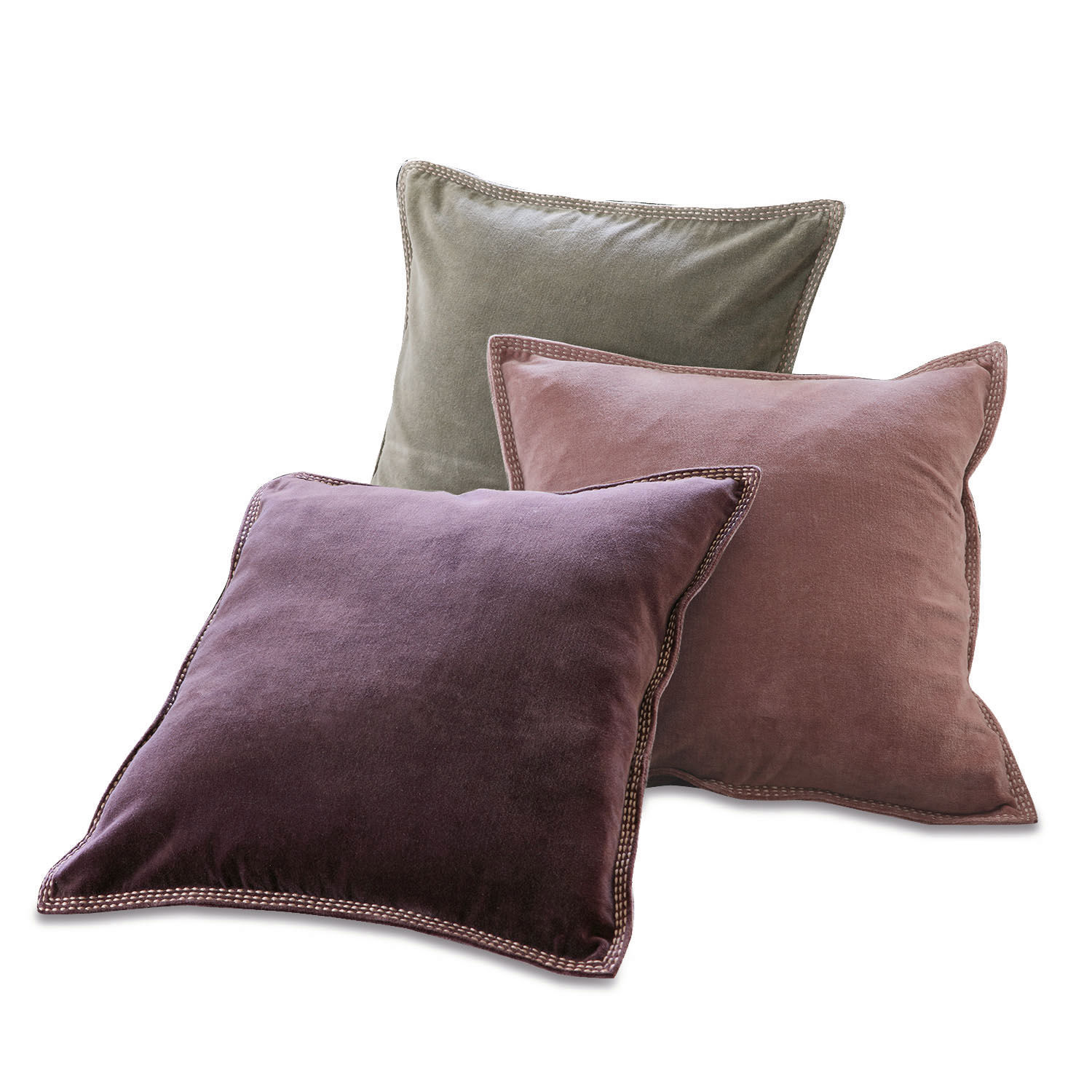Kissen 3er Set Allonnes Set mit drei Samtkissen in Violett, Rosa und Grün für elegante Wohnraumgestaltung