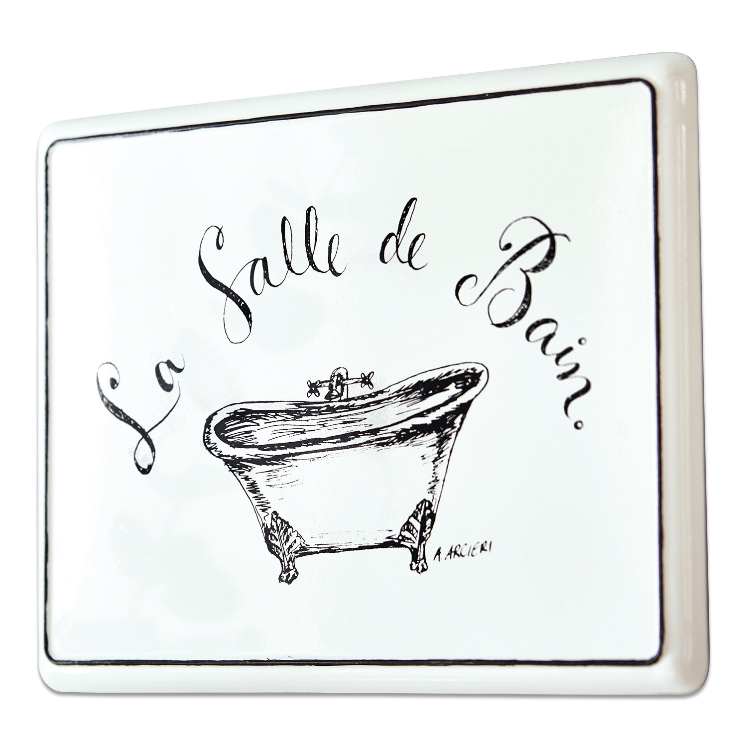 Deko-Schild La salle de bain Weisse Keramiktafel mit schwarzer Aufschrift La Salle de Bain und Badewannenzeichnung