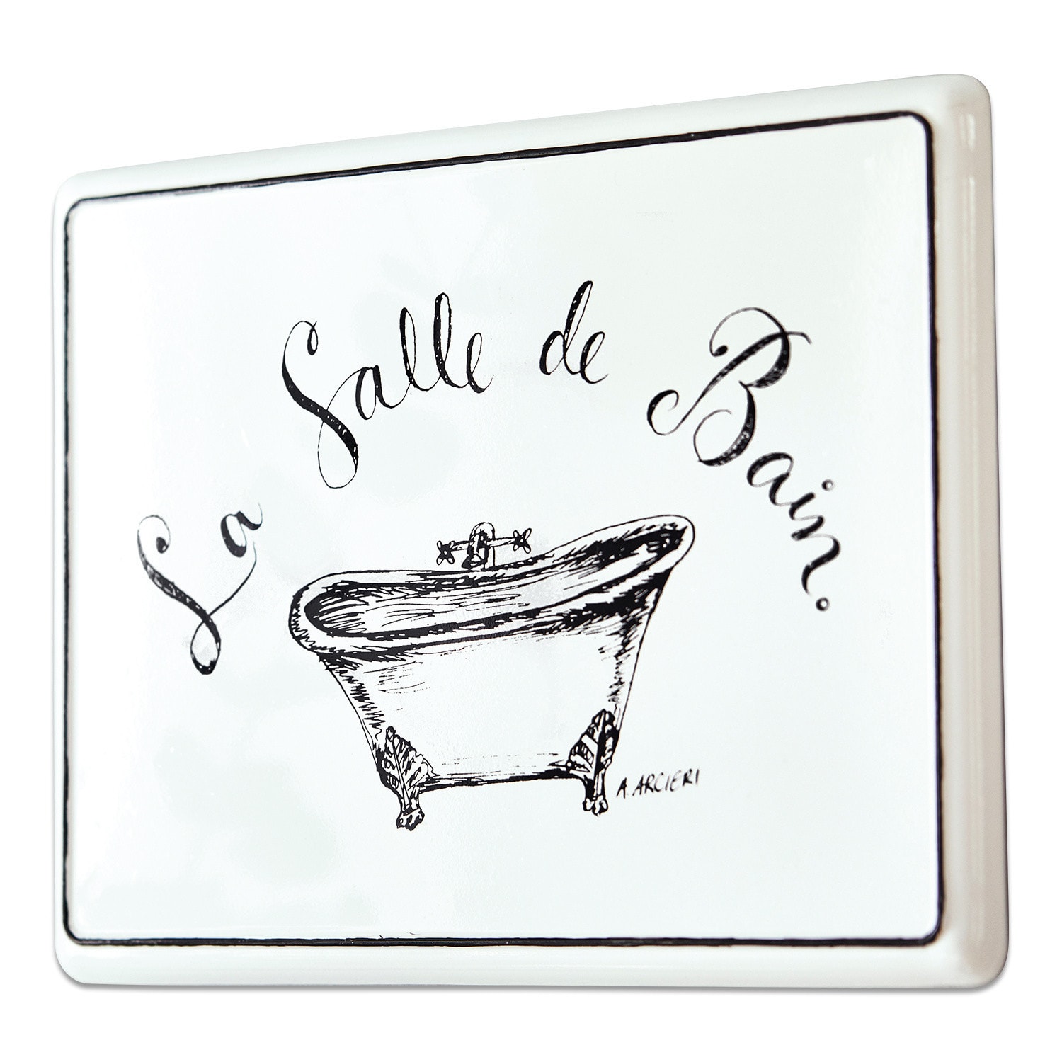 Deko-Schild La salle de bain Weisse Keramiktafel mit schwarzer Aufschrift La Salle de Bain und Badewannenzeichnung