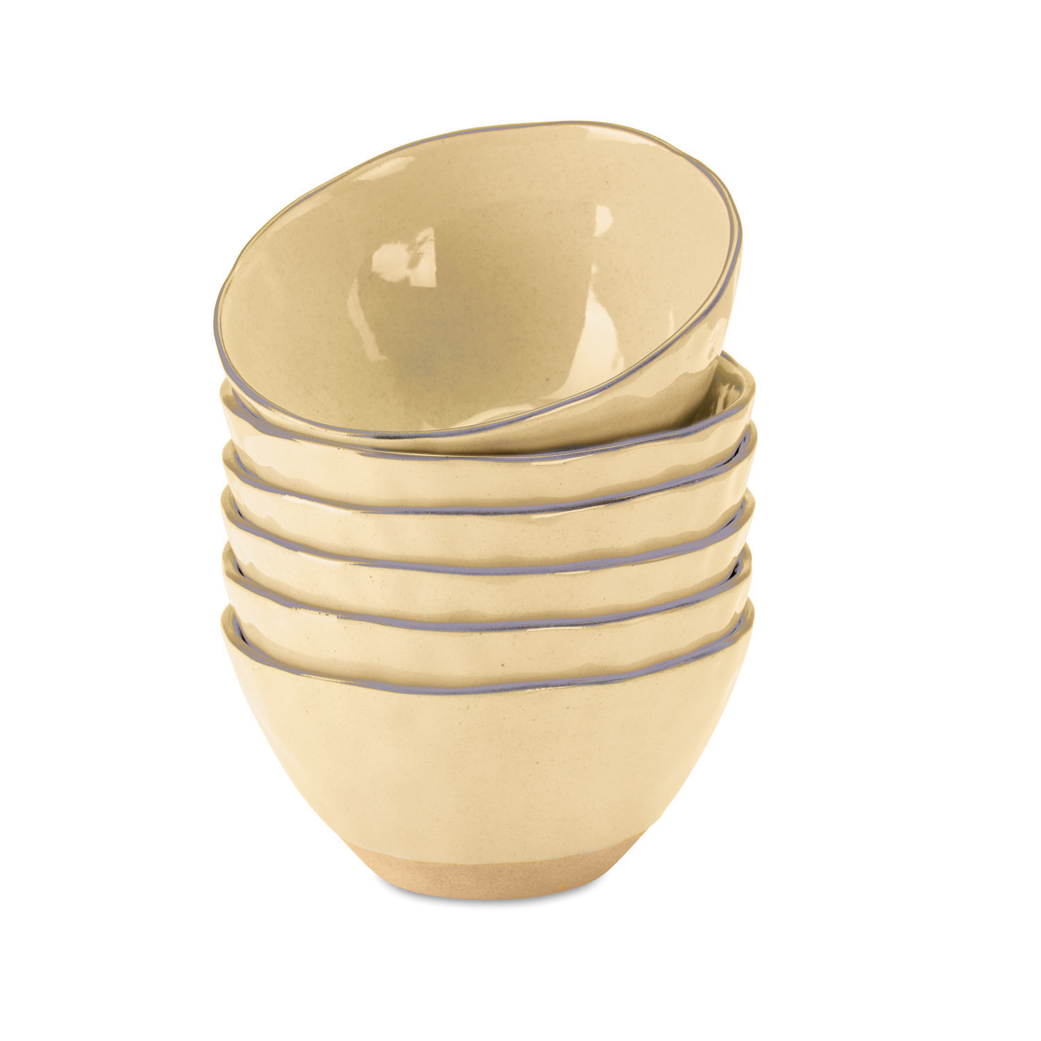 6-teiliges Schüssel-Set Biarritz aus gelber Keramik mit feinem blauem Rand für die Küche