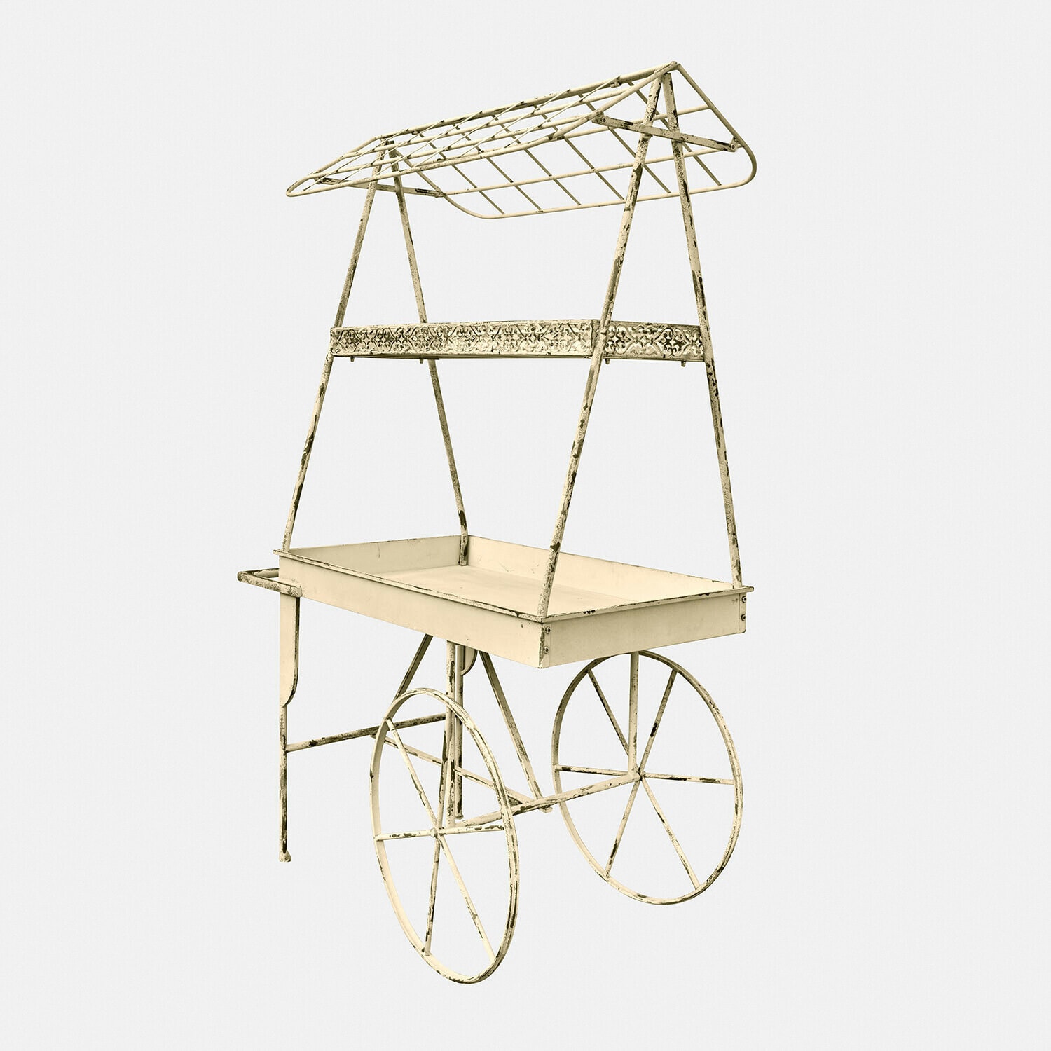 Metall-Gartenwagen in Creme mit filigranem Dach und grossen Rädern als Dekoration