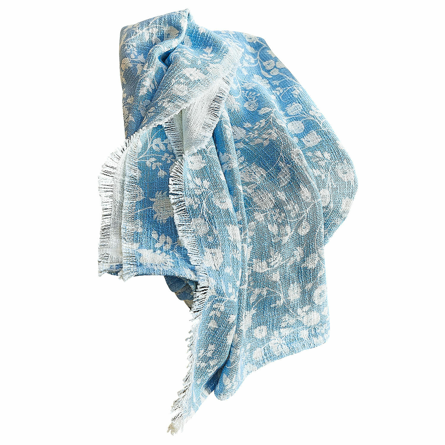 Plaid Corvelique Blauer Baumwollplaid mit weissem Blumenmuster und Fransen, weich und dekorativ