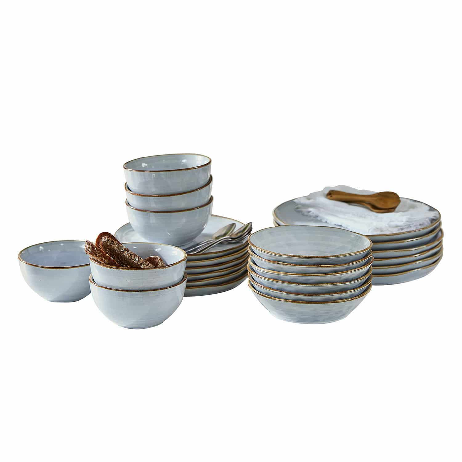 Geschirr 24er Set Veena Set aus grauem Keramikgeschirr mit braunem Rand, bestehend aus Tellern und Schalen für den Alltag.