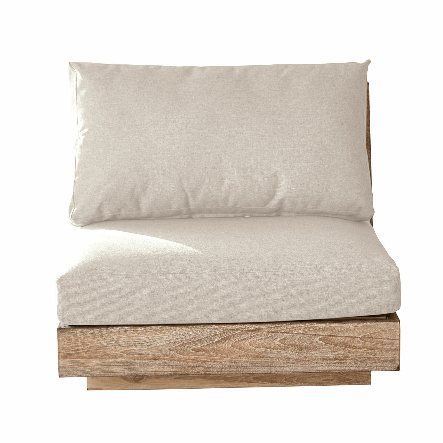 Sofaelement Courtelevant mit cremefarbenem Stoff und braunem Holzsockel für das Wohnzimmer