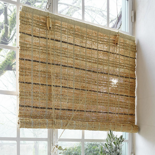 Natürliche Jute-Rollos in Beige mit schwarzen Streifen, Fensterdekoration für das Wohnzimmer