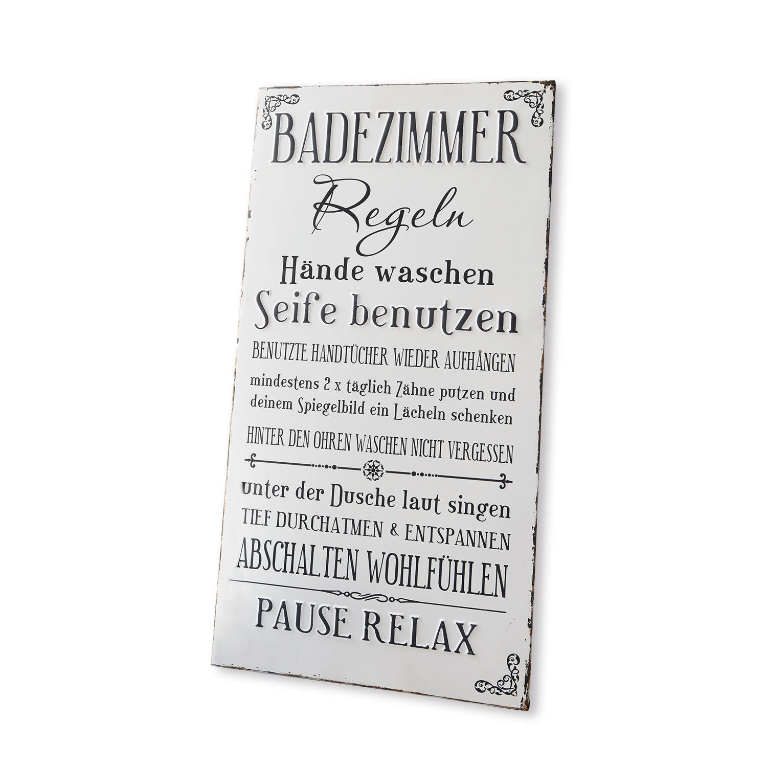 Dekoboard Chambord Metalltafel mit Badezimmerregeln in Schwarzweiss im Vintage-Stil zur Wanddekoration