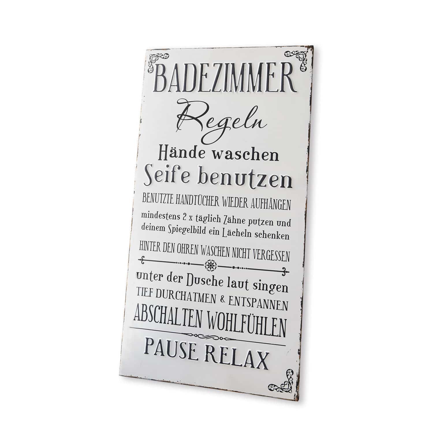 Dekoboard Chambord Metalltafel mit Badezimmerregeln in Schwarzweiss im Vintage-Stil zur Wanddekoration