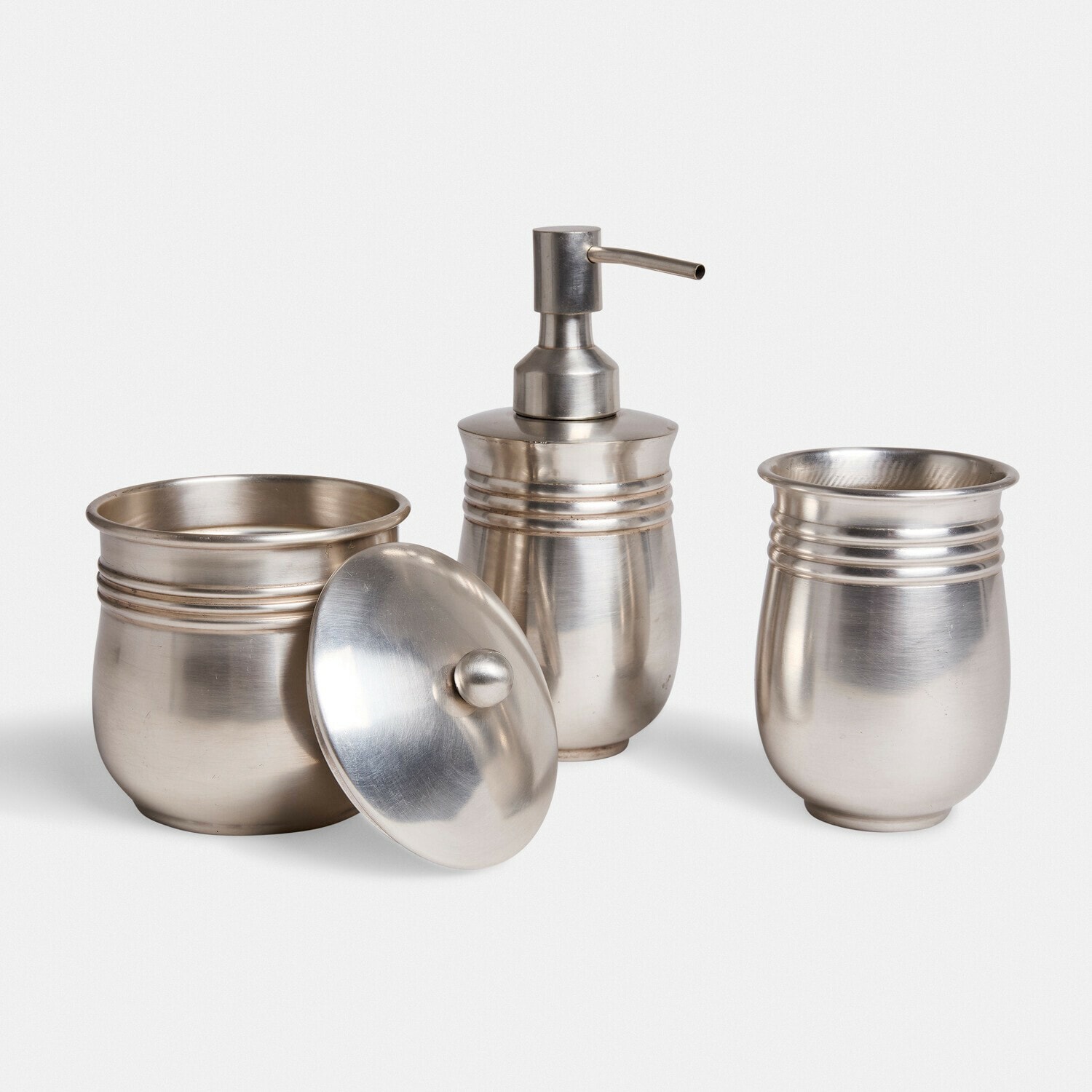 Badezimmer-Set aus Edelstahl in Silber mit Seifenspender und Behältern