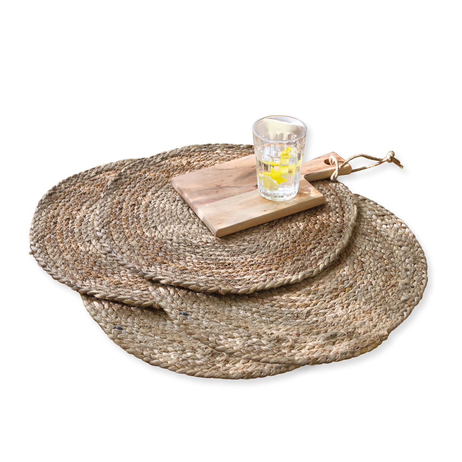 Platzset 4er Set Dooling Set runder Tischsets aus Jute in Naturfarbe mit Schneidebrett und Wasserglas