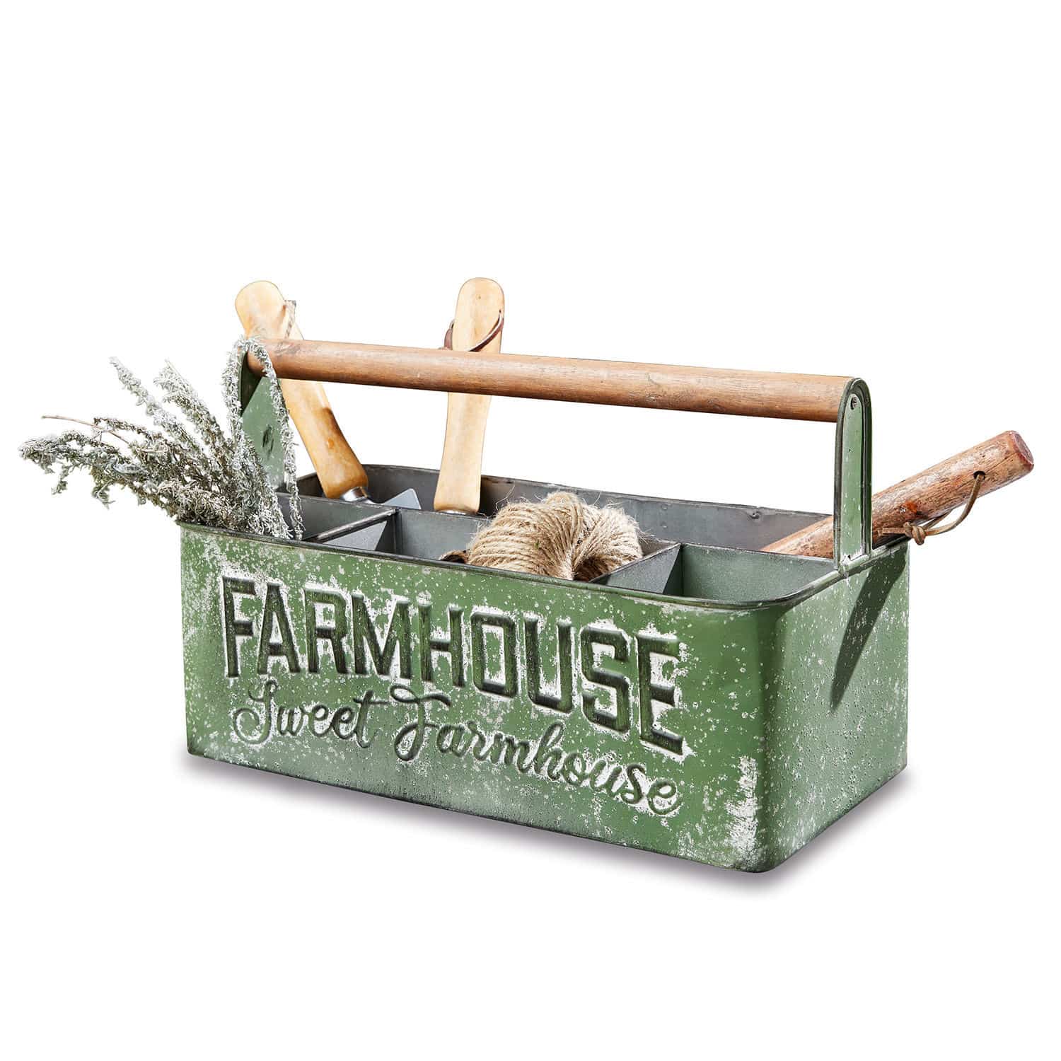 Korb Farmhouse Grüner Metall-Organizer mit Holzgriff und Aufschrift Farmhouse, gefüllt mit Gartengeräten und Schnur.